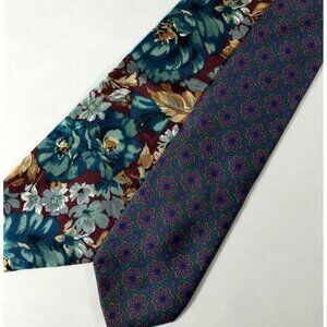 Envoy Mens Necktie Silk floral ties lot of 2 blue green maroon flowers